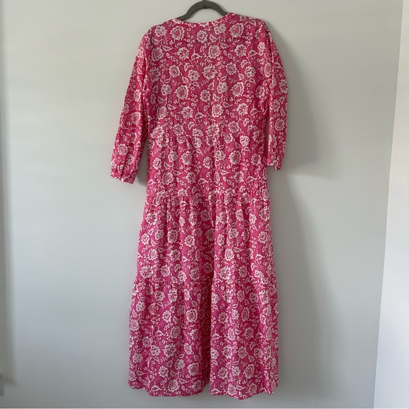 J. McLaughlin Pink Floral Cunningham Elbow Sleeve Linen V Neck Boho Maxi Dress M - Picture 3 of 11